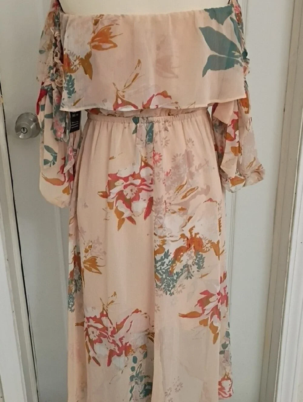 Express Floral Off-Shoulder Maxi Dress in Blush Pink Peachy and Teal